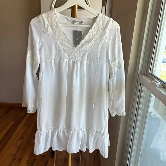 White Lace-Trim V-Neck Mini Dress - Picture 1 of 4